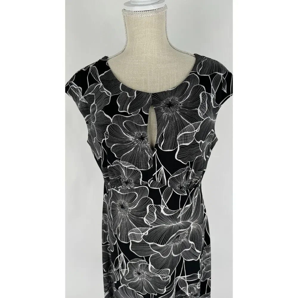 Connected Apparel Womens Black Floral Short Sleeve Dress Keyhole Size 10 NWT